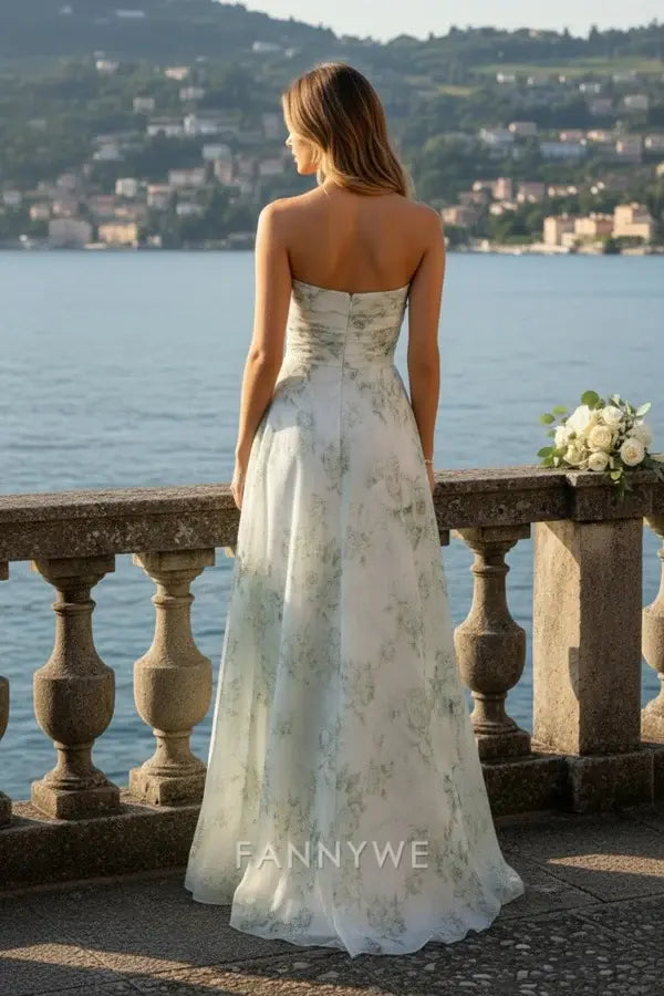 Gorgeous Strapless Floral-Print Ruffled High-Low Chiffon Maxi Dress Evening Dress