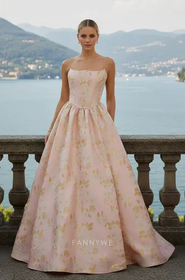 Gorgeous Strapless Gold-Embroidered Satin Ballgown Maxi Dress Evening Dress