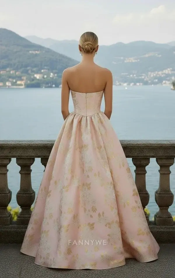 Gorgeous Strapless Gold-Embroidered Satin Ballgown Maxi Dress Evening Dress