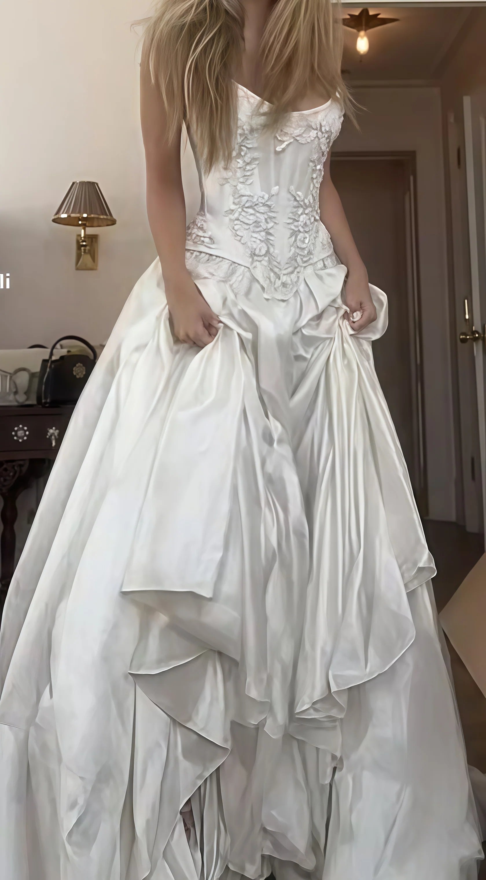 Gorgeous Strapless Lace Satin Beading White Vintage Chapel Train Wedding Dress