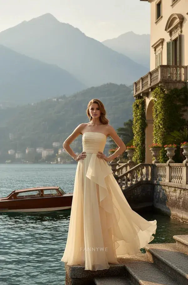 Gorgeous Strapless Tiered Ruffle Chiffon A-Line Floor-Length Maxi Dress Evening Dress