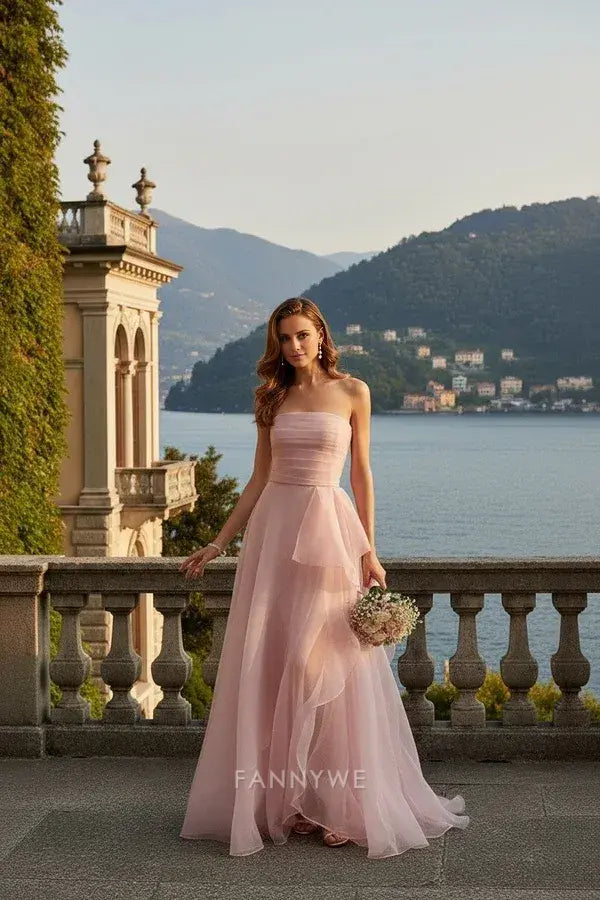 Gorgeous Strapless Tiered Ruffle Chiffon A-Line Floor-Length Maxi Dress Evening Dress