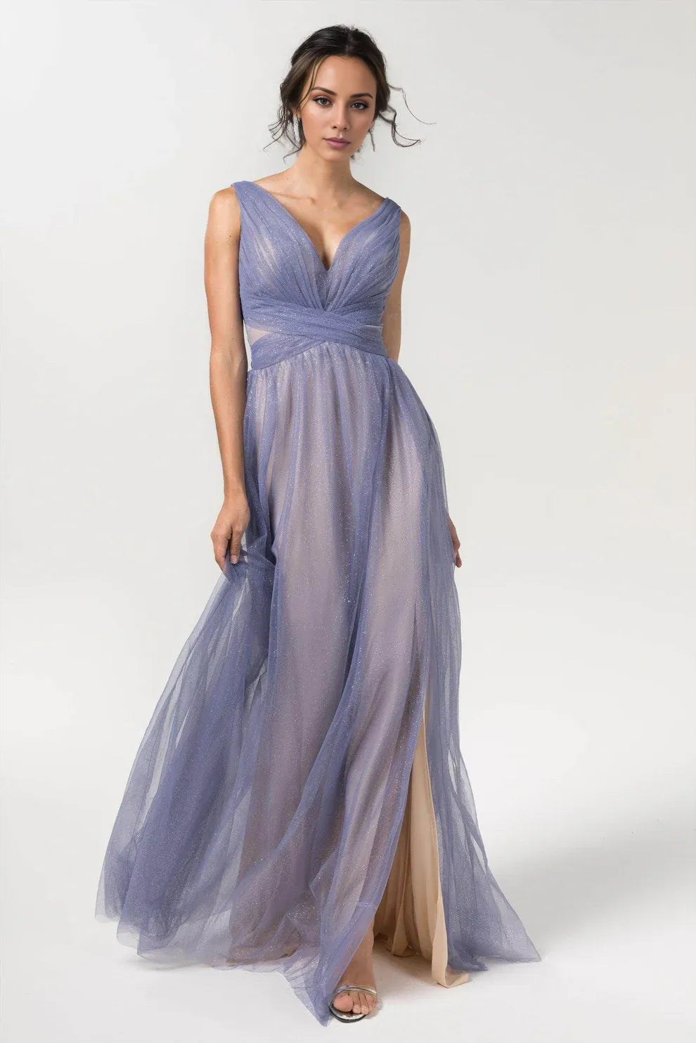 Gorgeous for ladies A-Line/Princess Sleeveless Glitter Tulle Plunging V-Maxi Dress Evening Dress