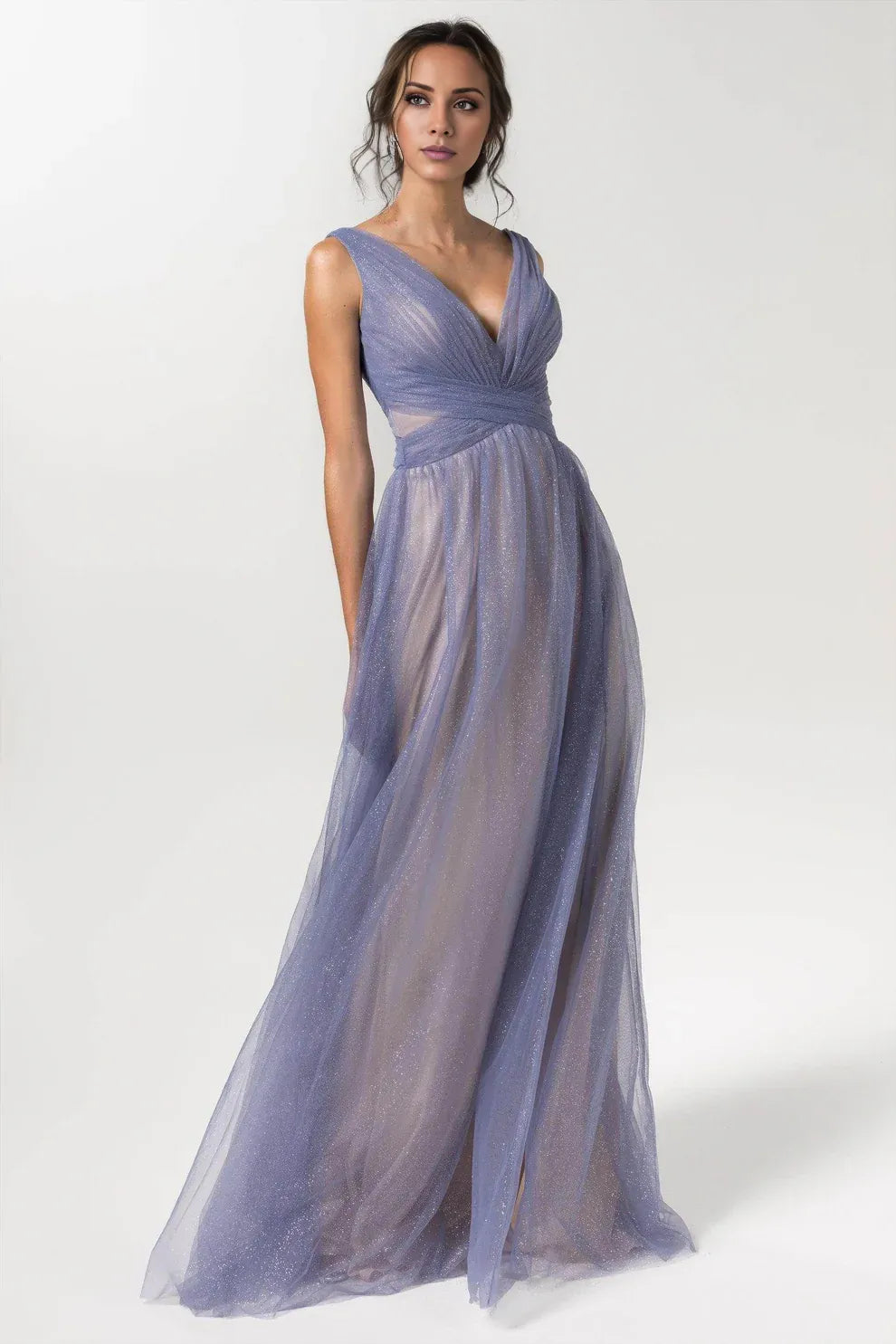 Gorgeous for ladies A-Line/Princess Sleeveless Glitter Tulle Plunging V-Maxi Dress Evening Dress