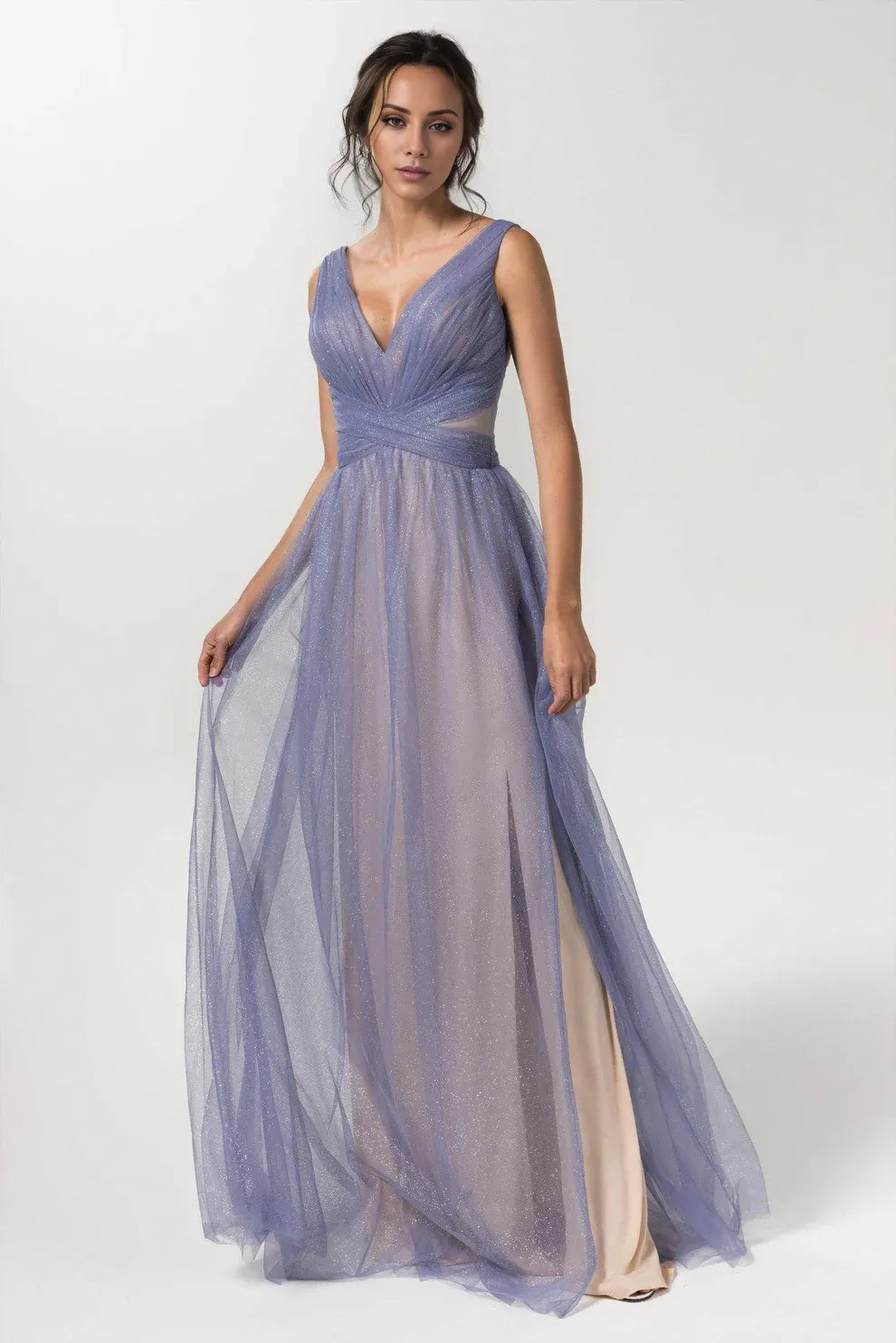 Gorgeous for ladies A-Line/Princess Sleeveless Glitter Tulle Plunging V-Maxi Dress Evening Dress