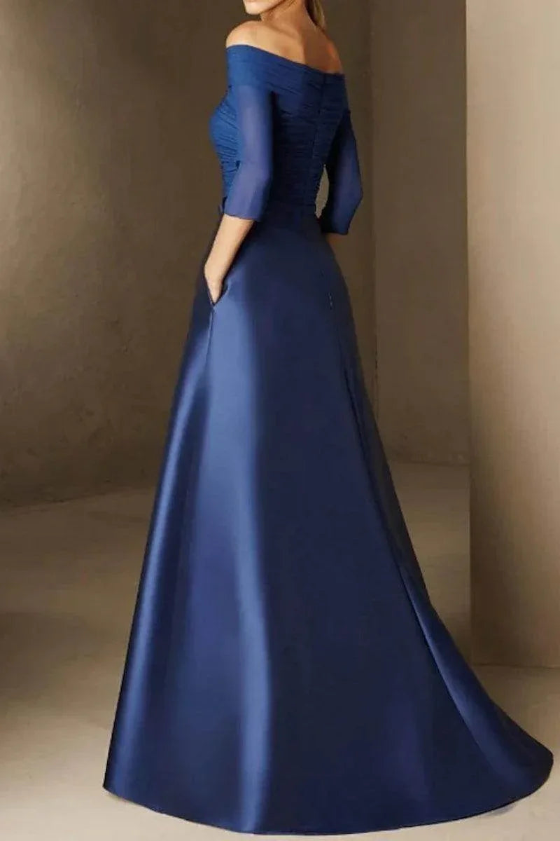 Gorgeous for ladies Off-the-Shoulder 3/4 Sleeve Satin Ballgown Maxi Dress Evening Dress