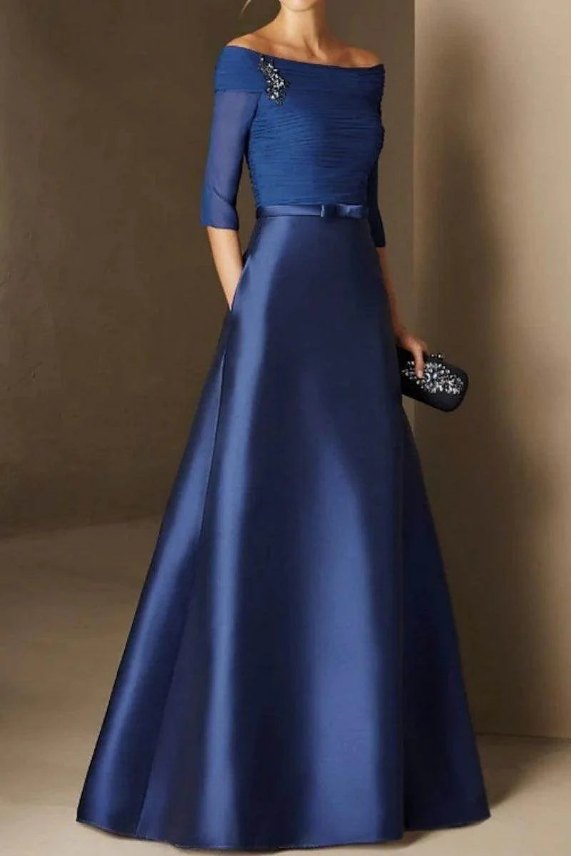 Gorgeous for ladies Off-the-Shoulder 3/4 Sleeve Satin Ballgown Maxi Dress Evening Dress