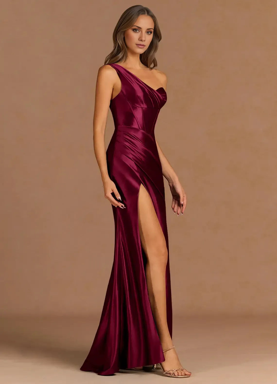 Gorgeous for ladies One-Shoulder Satin Lace-Up Back High-Slit Mermaid Maxi Dress Evening Dress