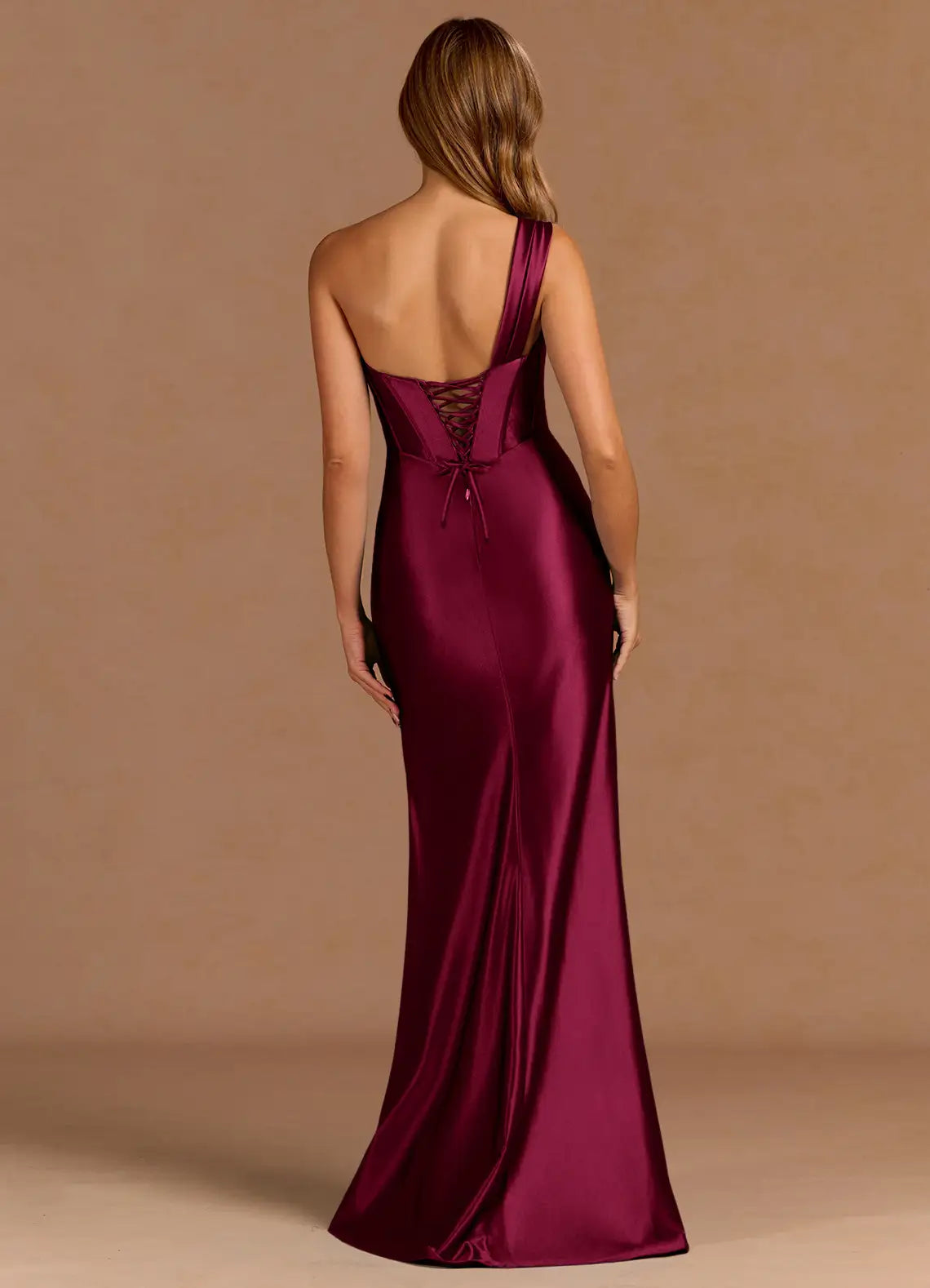 Gorgeous for ladies One-Shoulder Satin Lace-Up Back High-Slit Mermaid Maxi Dress Evening Dress