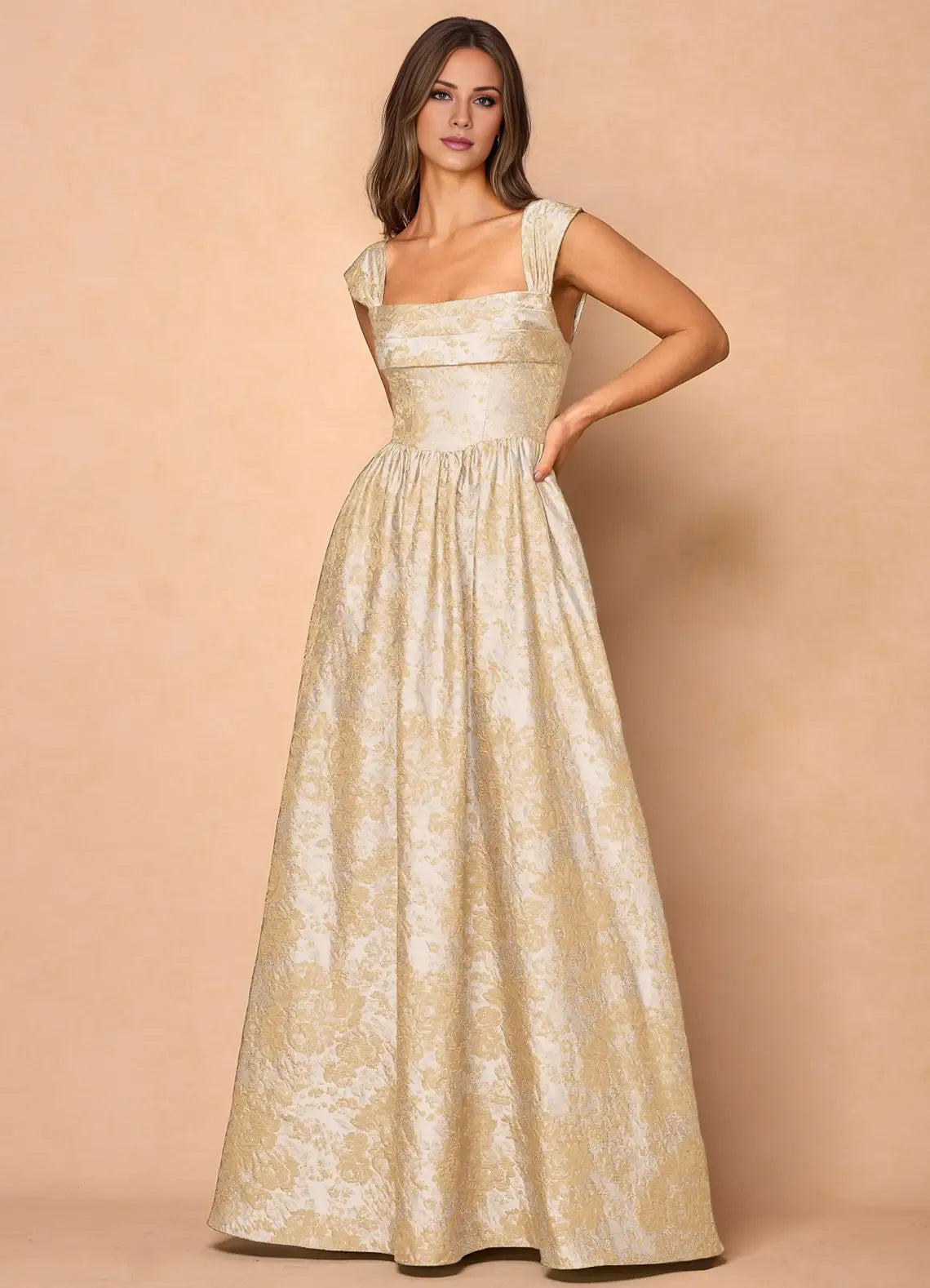 Gorgeous for ladies Square Neck Brocade Lace-Up Back Ball Gown Maxi Dress Evening Dress