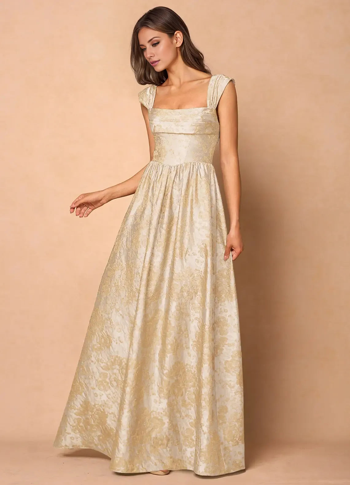 Gorgeous for ladies Square Neck Brocade Lace-Up Back Ball Gown Maxi Dress Evening Dress