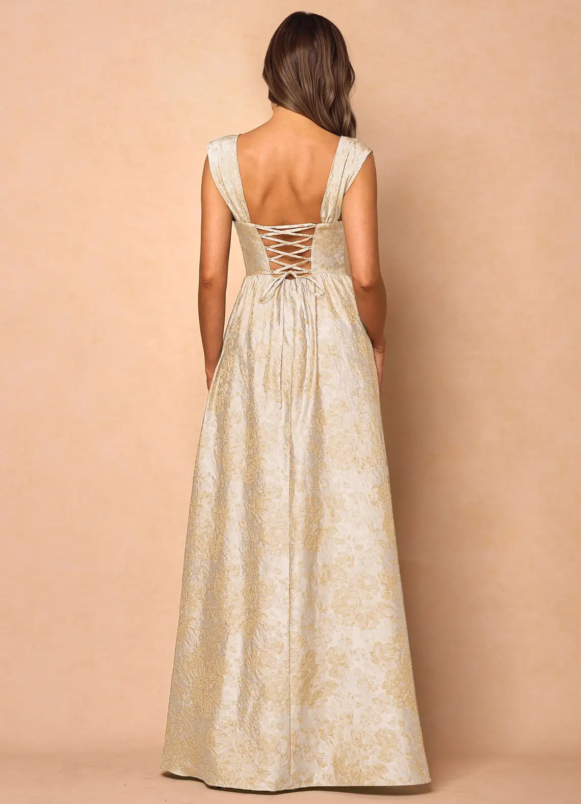 Gorgeous for ladies Square Neck Brocade Lace-Up Back Ball Gown Maxi Dress Evening Dress