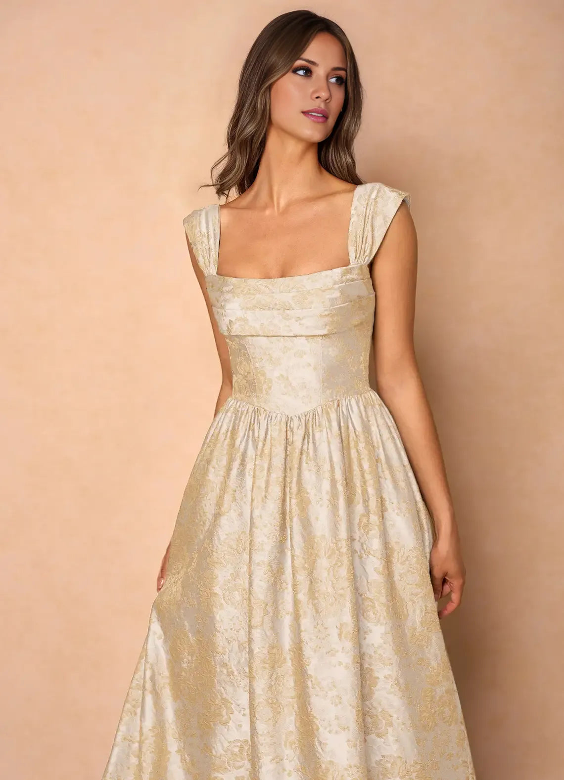 Gorgeous for ladies Square Neck Brocade Lace-Up Back Ball Gown Maxi Dress Evening Dress