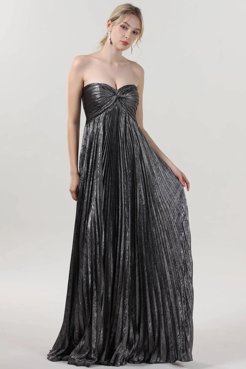 Gorgeous for ladies Strapless Sleeveless Metallic Pleated Ball Gown Maxi Dress Evening Dress