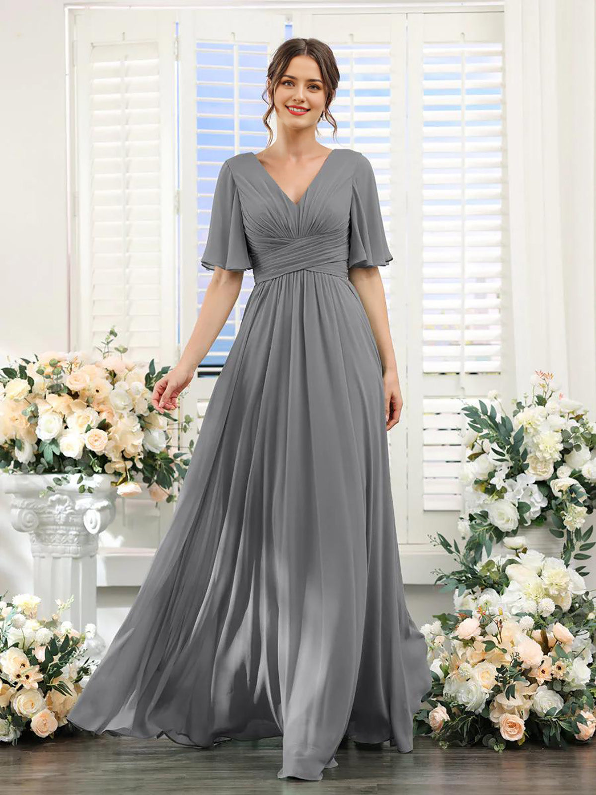 A-Linie V-Ausschnitt Ärmel Brautjungfernkleid für Hochzeitsgäste Lange Chiffon Partykleider mit Schlitz