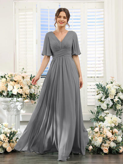 A-Linie V-Ausschnitt Ärmel Brautjungfernkleid für Hochzeitsgäste Lange Chiffon Partykleider mit Schlitz
