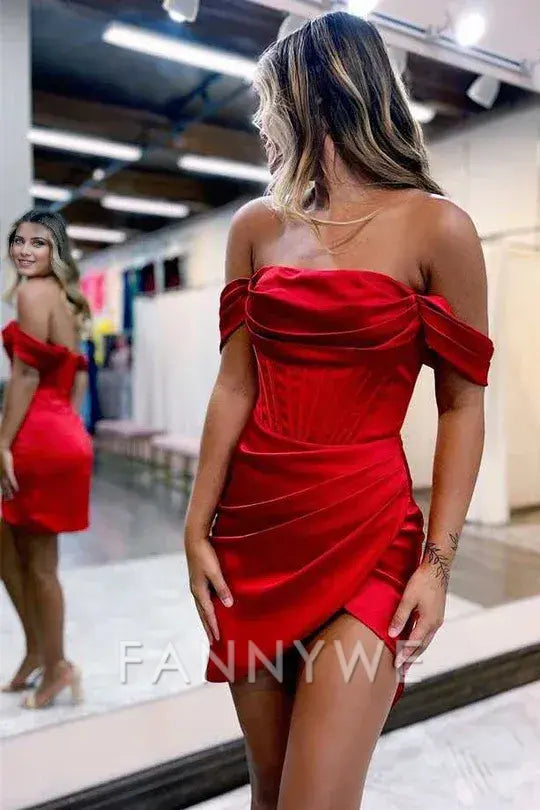 FannyWe Elegant Green Off-the-Shoulder Ruched Cocktail Gown formal wear dresses