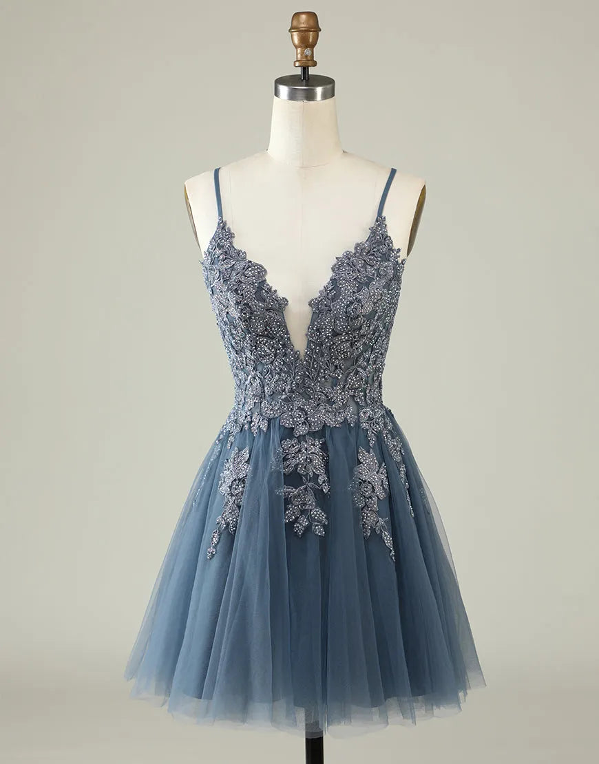 A-Line Spaghetti Straps Appliques Corset Back Tulle Homecoming Dresses