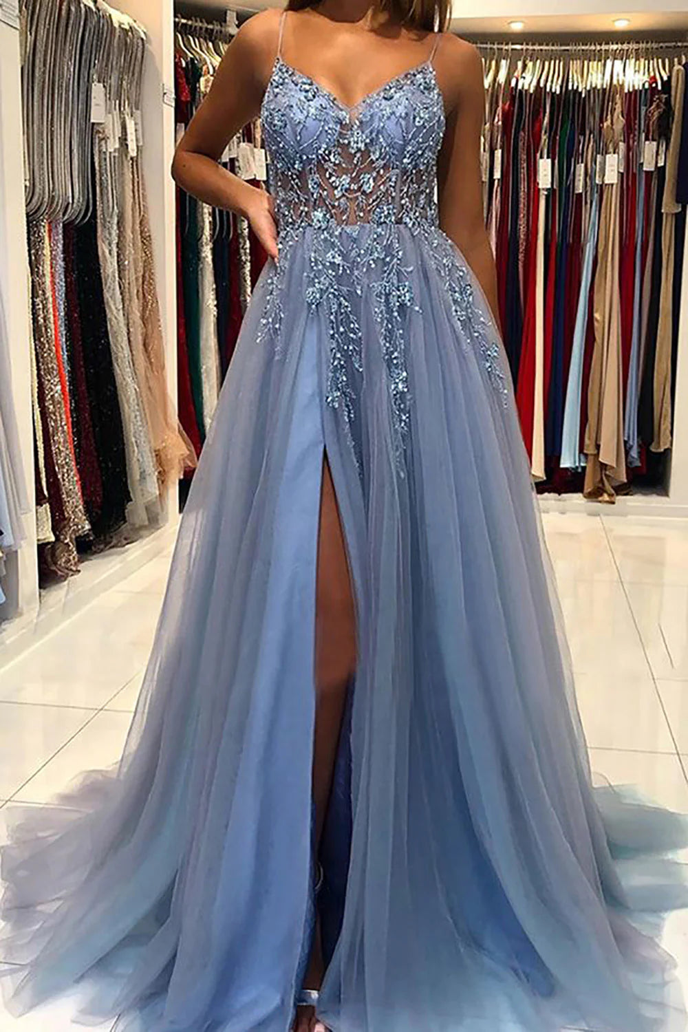 A-Line Spaghetti Appliques Straps Long Prom Dress
