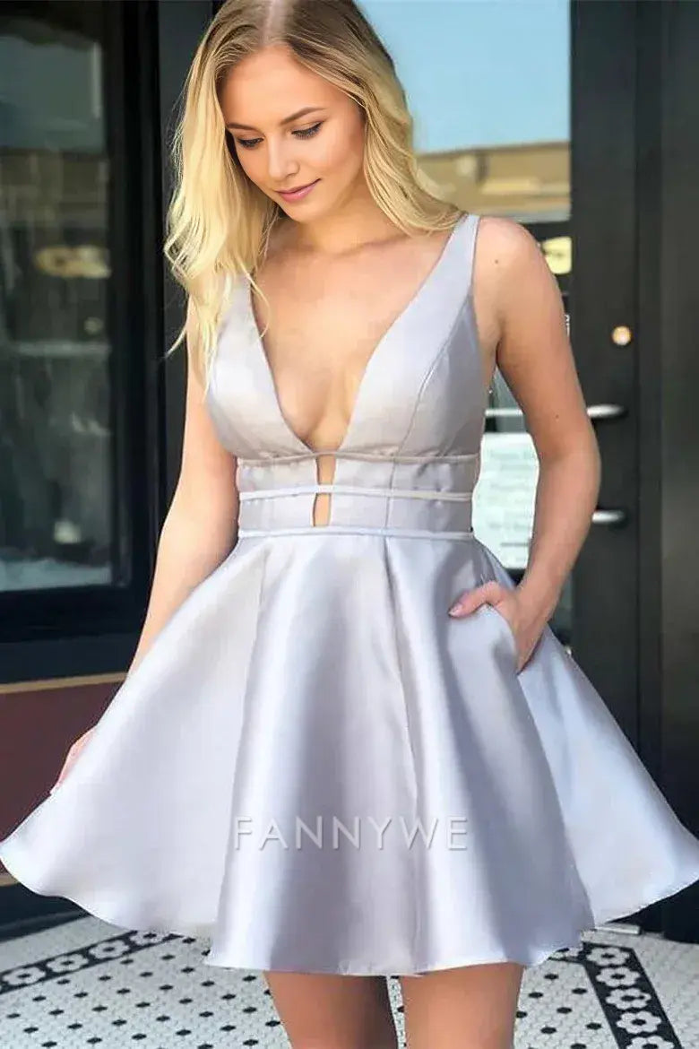 FannyWe Simple Grey Plunge V Open Back Short Homecoming Gown formal wear dresses