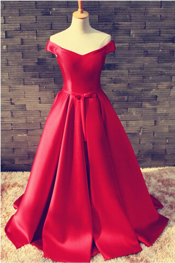Off Shoulder Floor Length Satin Prom Dress With Belt