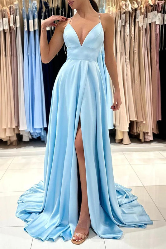 A-Linie V-Ausschnitt Satin Langes schlichtes Ballkleid