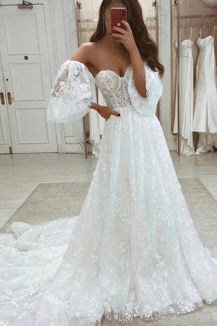 Half Sleeve A Line Lace Appliques Wedding Dresses Wedding Gowns