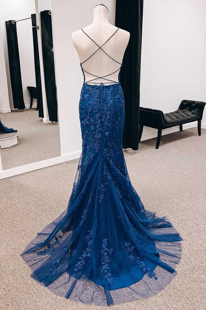 Mermaid Appliques Lace Up Back Long Prom Dress with Slit