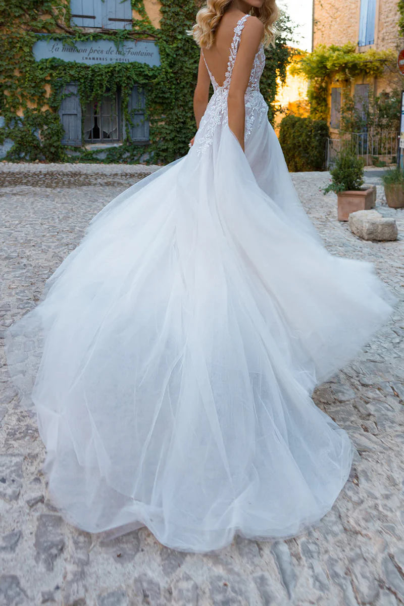 A Line Boho V Neck Lace Appliques Wedding Dress