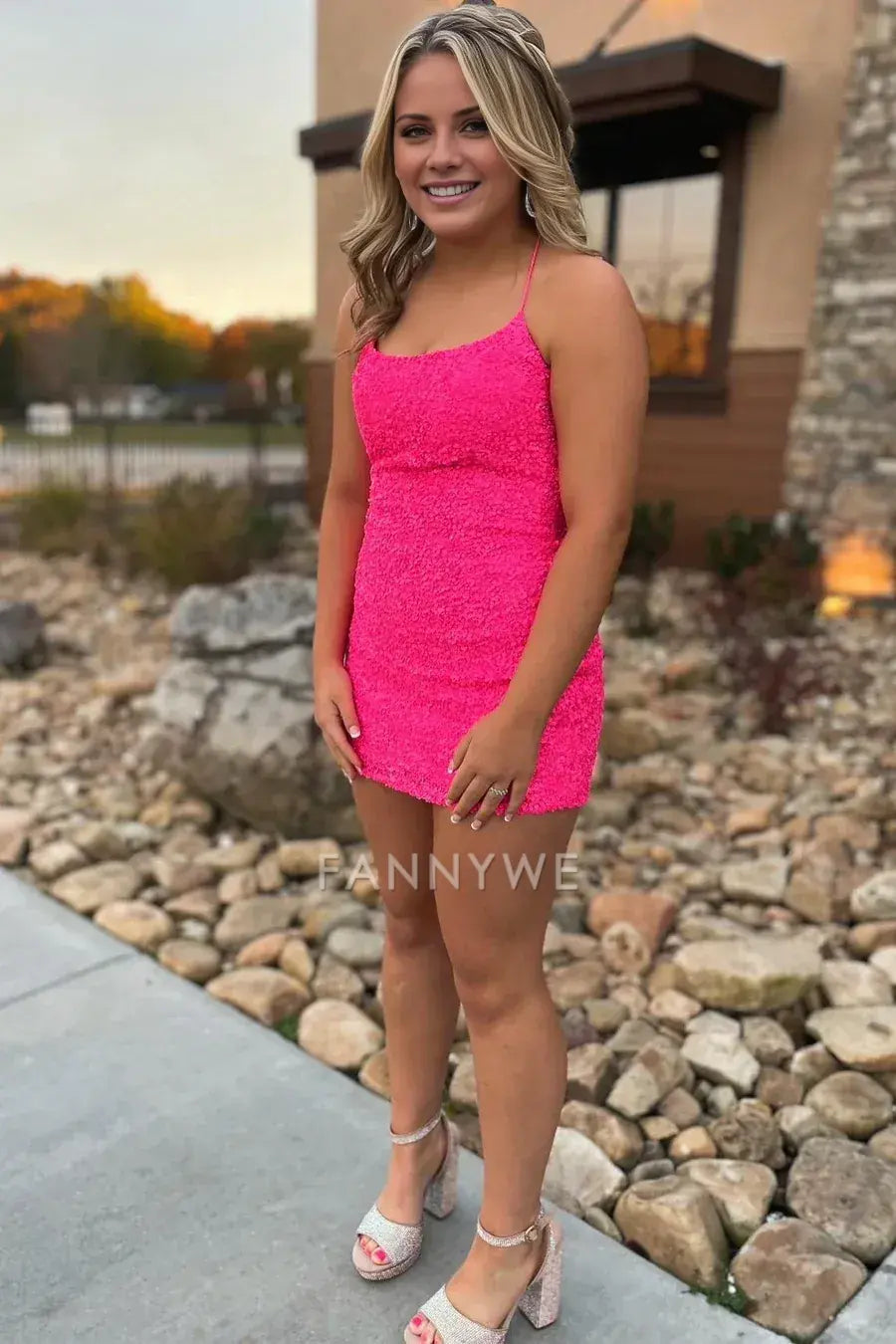 FannyWe Elegant Hot Pink Sequin Spaghetti Straps Mini Bodycon Dress formal wear dresses