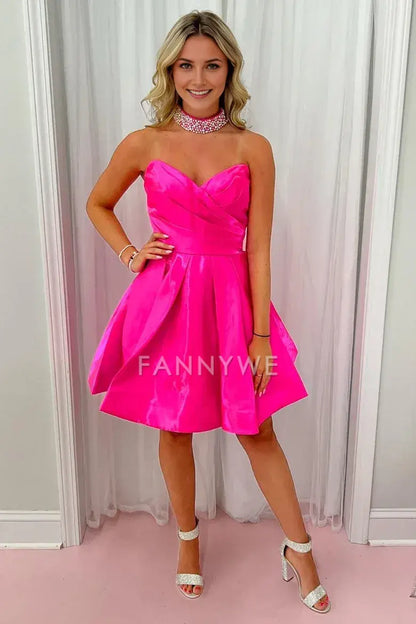 FannyWe Simple Hot Pink Strapless A-Line Short Homecoming Dress formal wear dresses