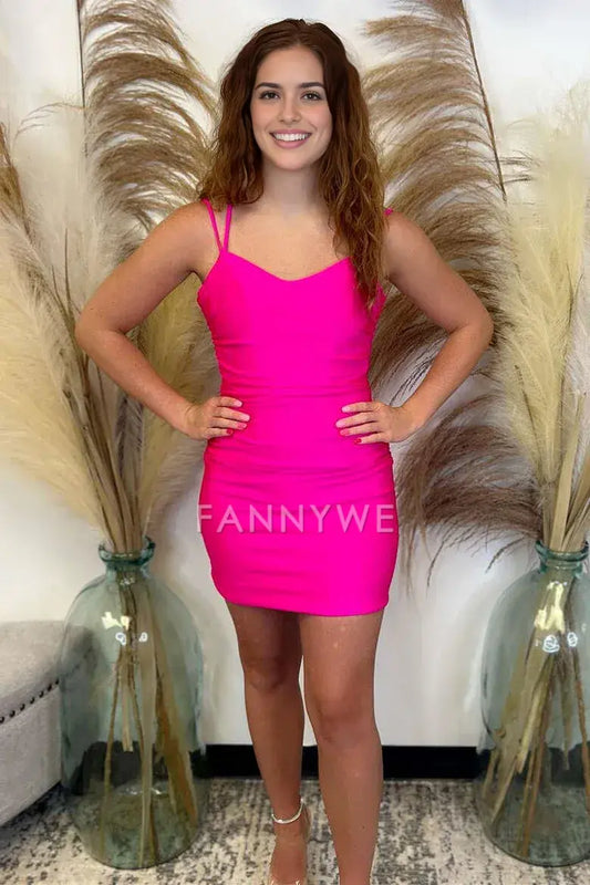 FannyWe Simple Hot Pink V-Neck Lace-Up Bodycon Mini Party Dress formal wear dresses
