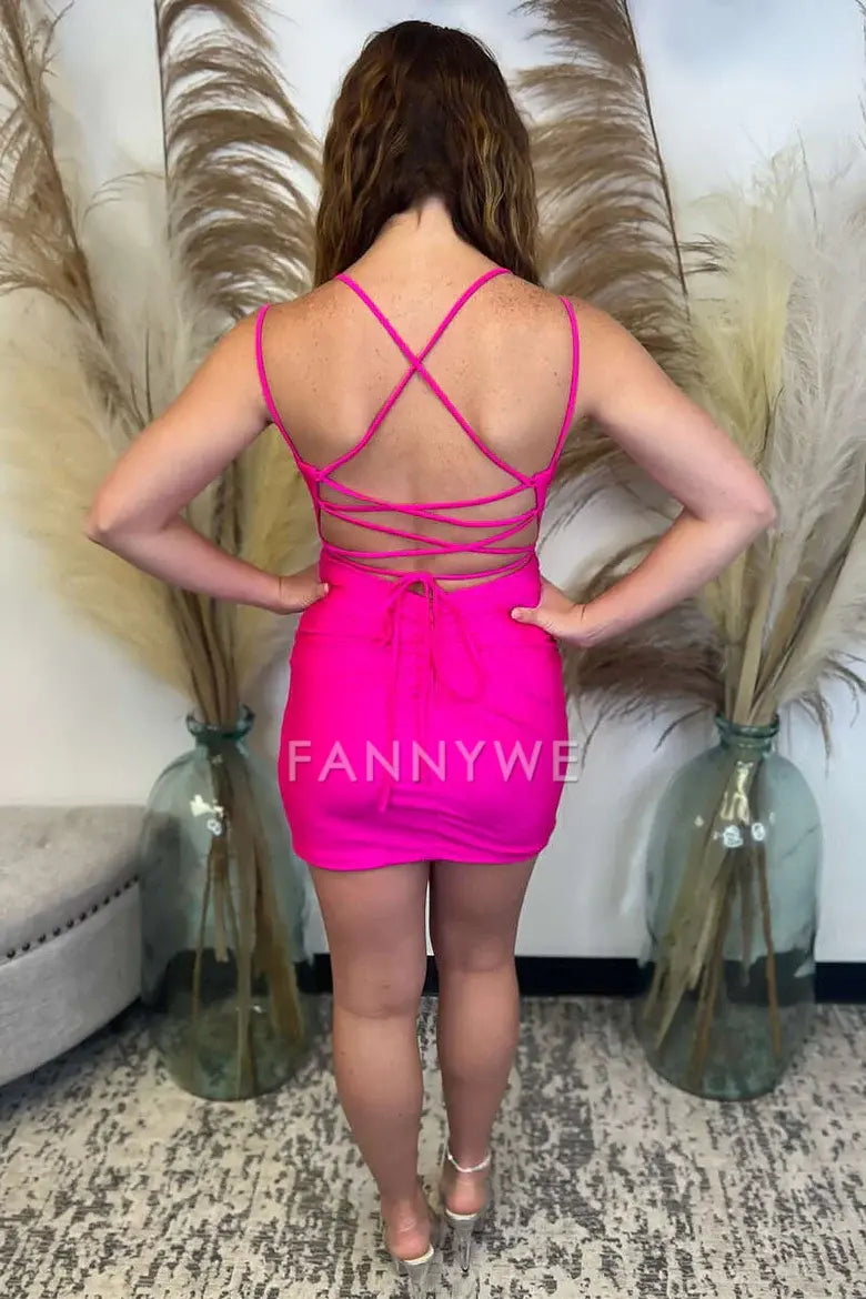 FannyWe Simple Hot Pink V-Neck Lace-Up Bodycon Mini Party Dress formal wear dresses