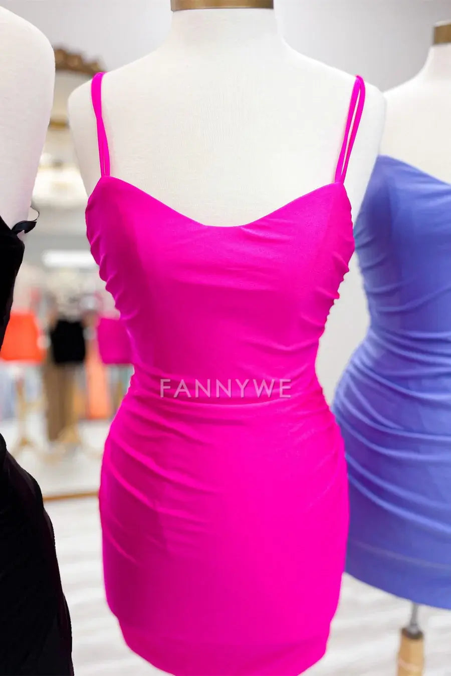 FannyWe Simple Hot Pink V-Neck Lace-Up Bodycon Mini Party Dress formal wear dresses