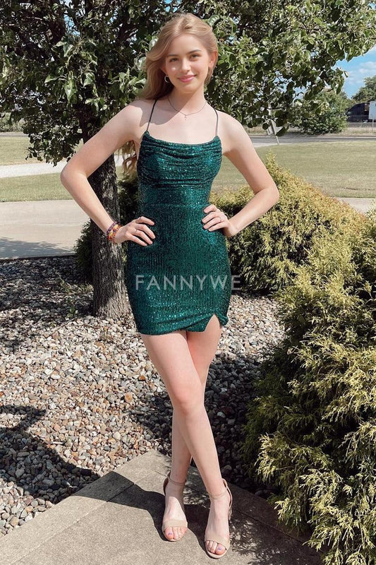FannyWe Simple Hunter Green Sequin Lace-Up Mini Homecoming Dress formal wear dresses