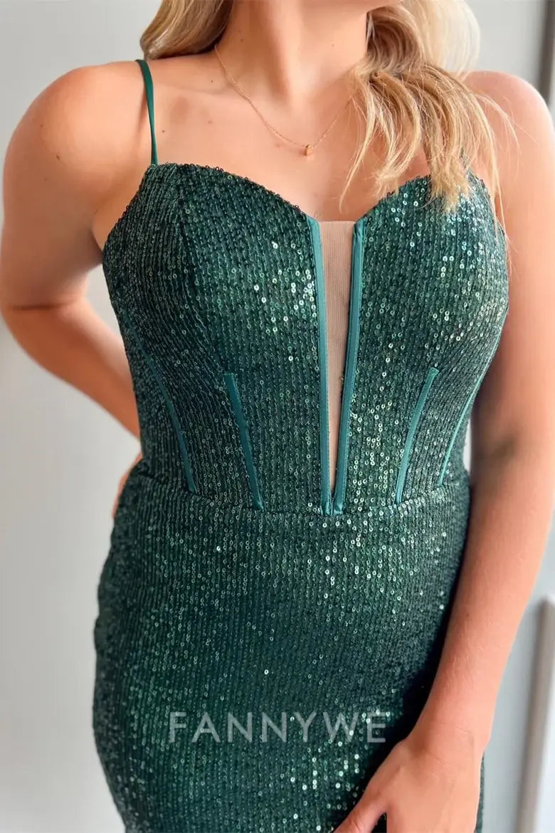 FannyWe Elegant Hunter Green Sequin Scoop Neck Lace-Up Short Party Dress formal wear dresses