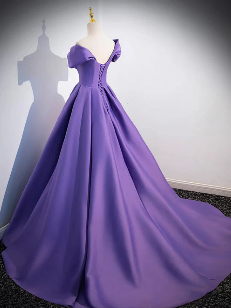 Vestido de fiesta largo de satén con hombros descubiertos
