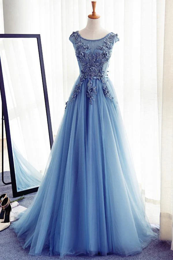 Tulle Round Neck Lace Long Prom Dress