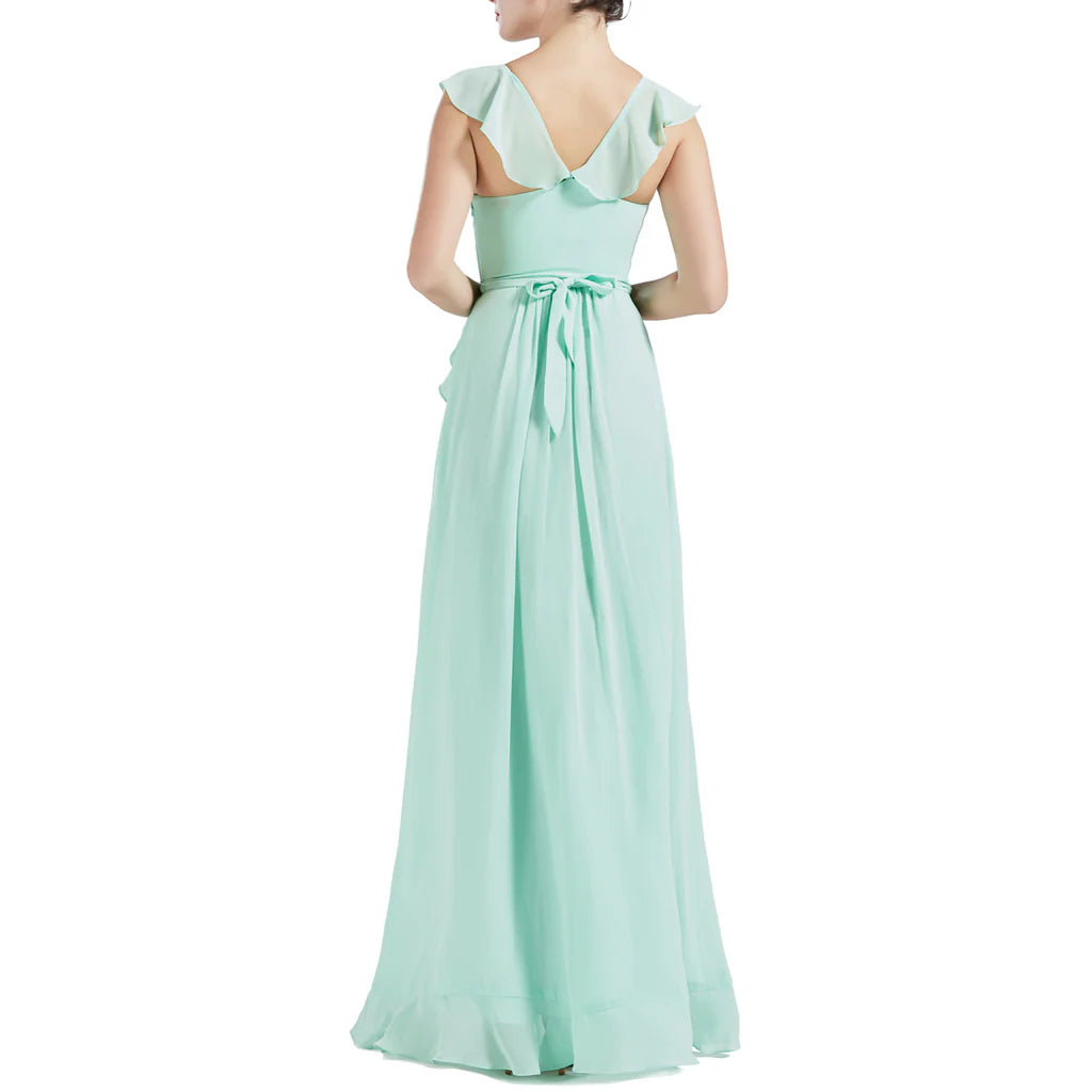 V Neck Ruffle Cap Sleeve Long Wedding Bridesmaid Dresses