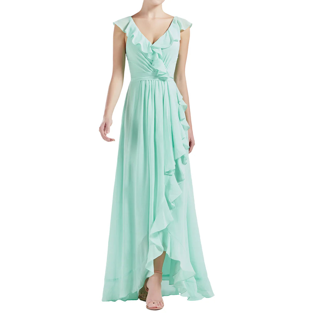 V Neck Ruffle Cap Sleeve Long Wedding Bridesmaid Dresses