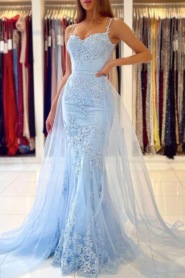 Vestido de fiesta largo de tul con encaje y escote corazón de sirena