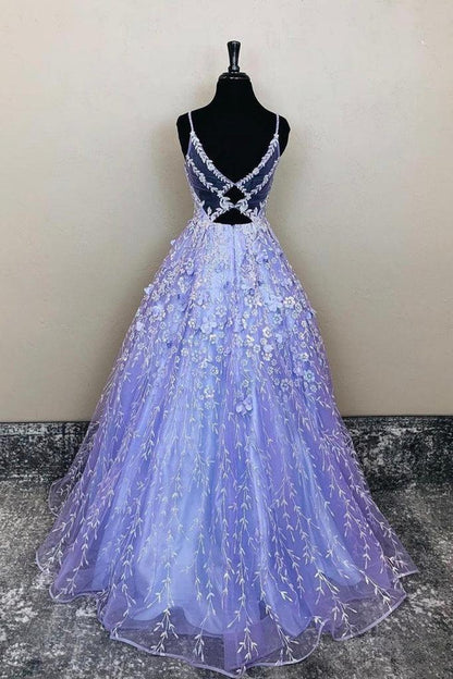 Langes Ballkleid aus Spitze in A-Linie mit V-Ausschnitt