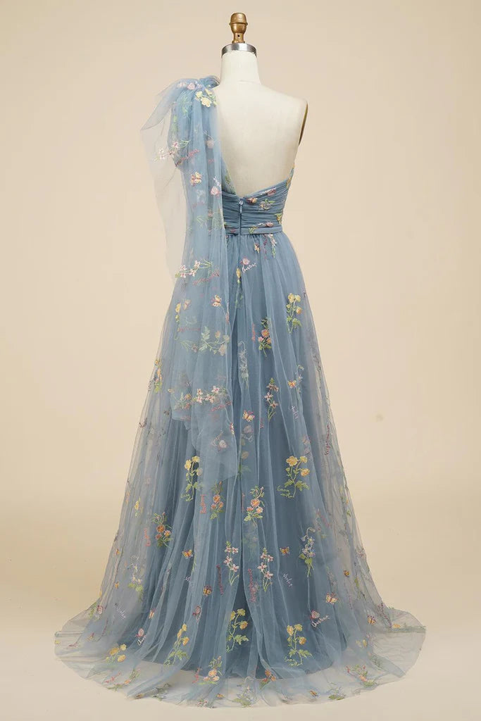 A-Line Floral One Shoulder Prom Dress
