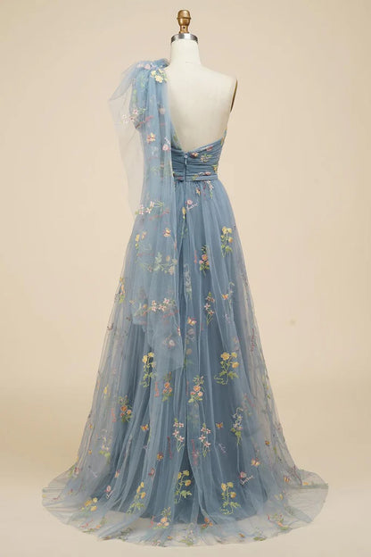 A-Line Floral One Shoulder Prom Dress