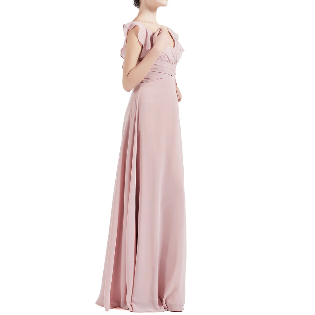V Neck Ruffle Cap Sleeve Long Bridesmaid Dresses