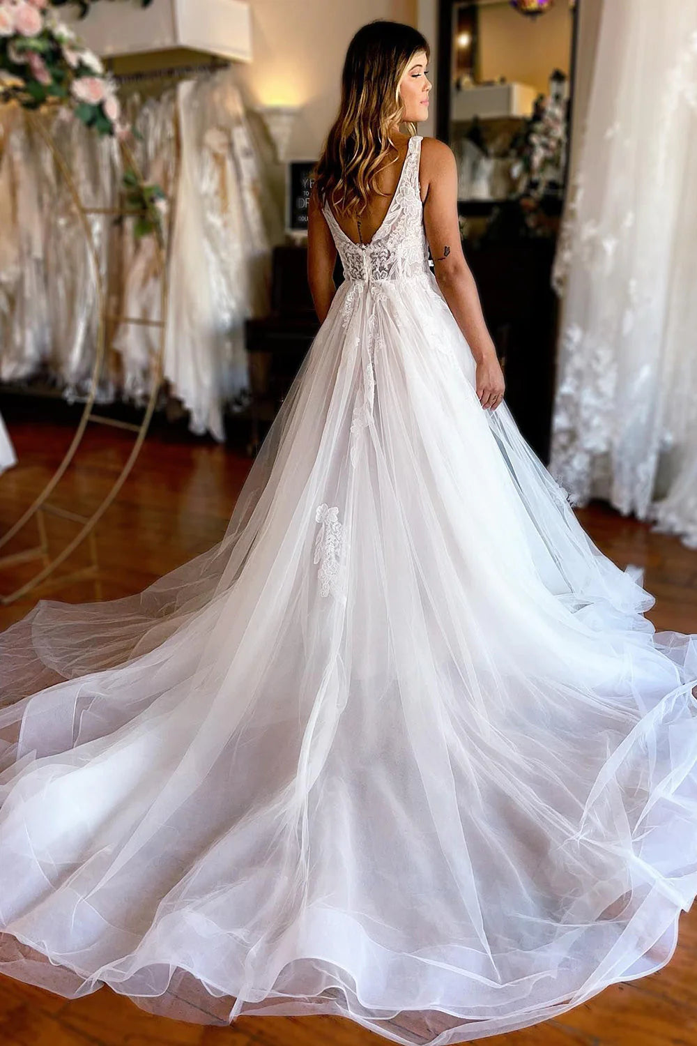 A-Line Deep V Neck Backless Long Lace Wedding Dress