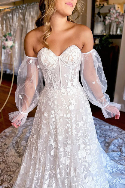 A-Linie Herzausschnitt Korsett Lange Ärmel Langes Spitzen Brautkleid