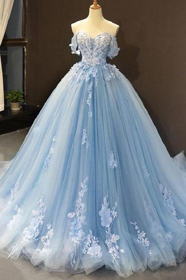 Off Shoulder 3D Flowers Applique Ball Gowns Prom Dresses