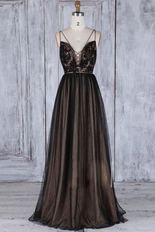 A-Line Deep V Neck Sweep Train Tulle Back Prom Dress