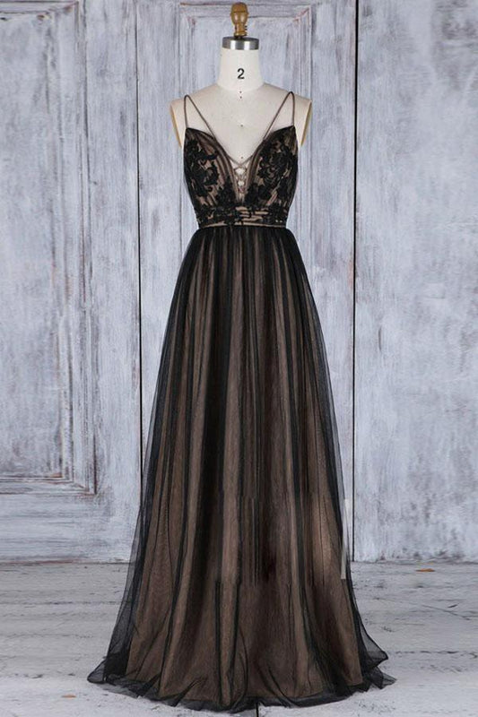 A-Line Deep V Neck Sweep Train Tulle Back Prom Dress